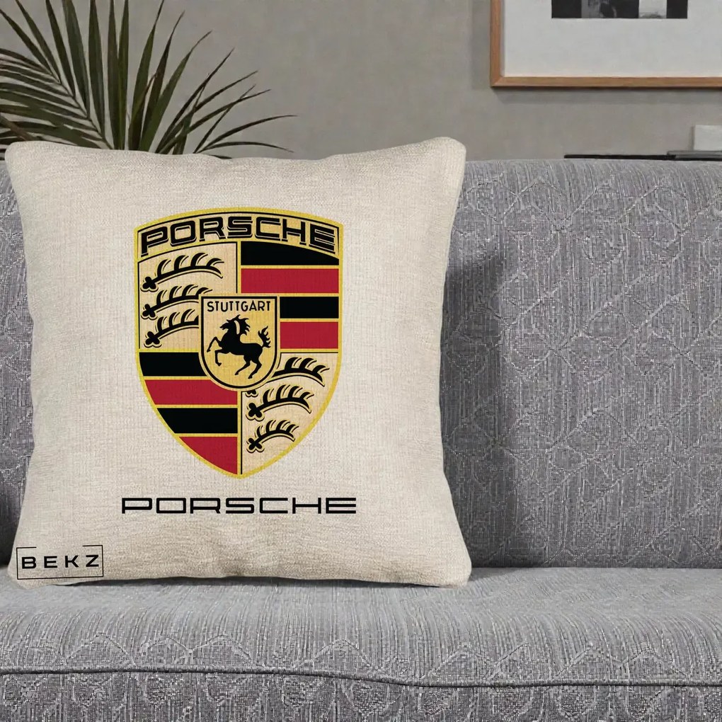 Perna Personalizata Porsche Stuttgart, 40x40 cm, Bej Canapea, Husa Detasabila, Perna Inclusa, BEKZ®