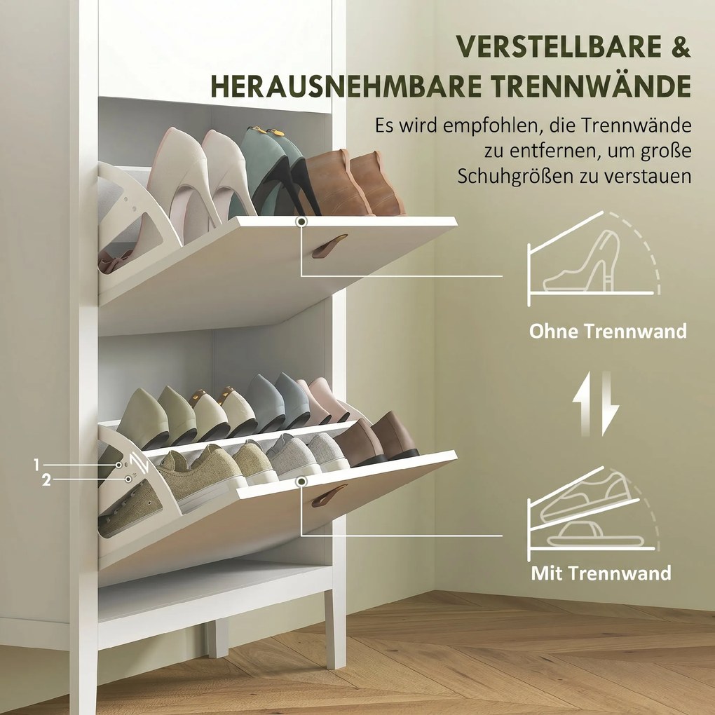HOMCOM Pantofar Slim cu 3 sertare, pentru 21 perechi de încălțăminte, mărimea EU44 și rafturi reglabile, 80x24x131 cm, alb | Aosom Romania