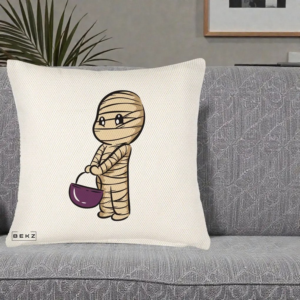 Perna Decorativa Halloween Mummy Kawaii cu Cos, 40x40 cm, Crem Reliefat, Husa Detasabila, Perna Inclusa, BEKZ®