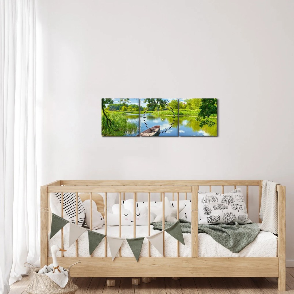 Tablou cu râu de vară și barcă (cu ceas) (90x30 cm)