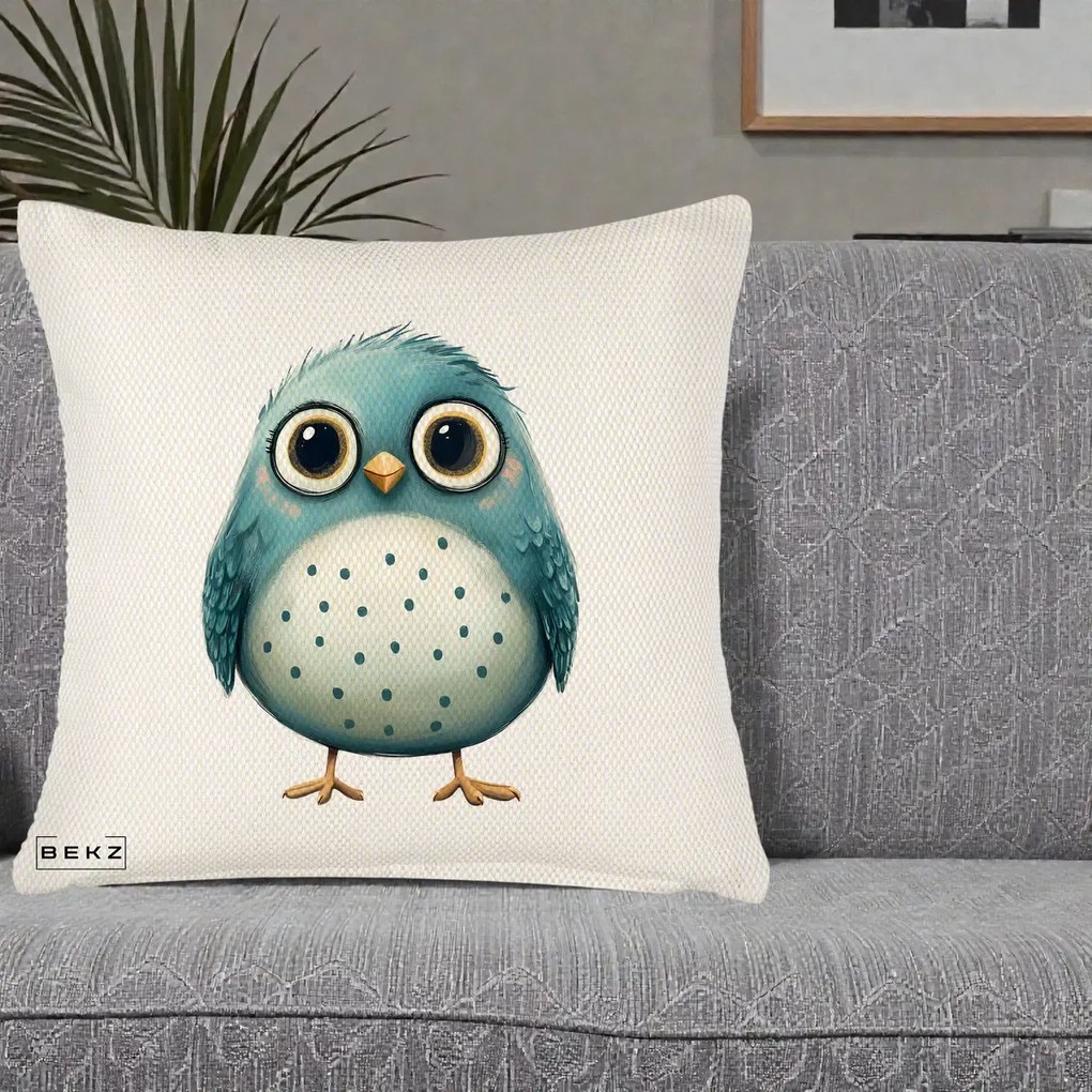 Perna Decorativa Pasare Teal cu Buline Teal, 40x40 cm, Crem Reliefat, Husa Detasabila, Perna Inclusa, BEKZ®