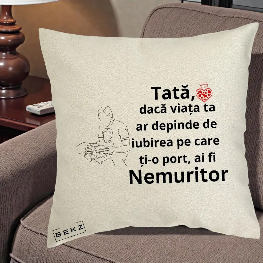 Cadou pentru Tata - Perna Personalizata Tata Nemuritor Lectura, 40x40 cm, Ecru, Husa Detasabila, Perna Inclusa, BEKZ®