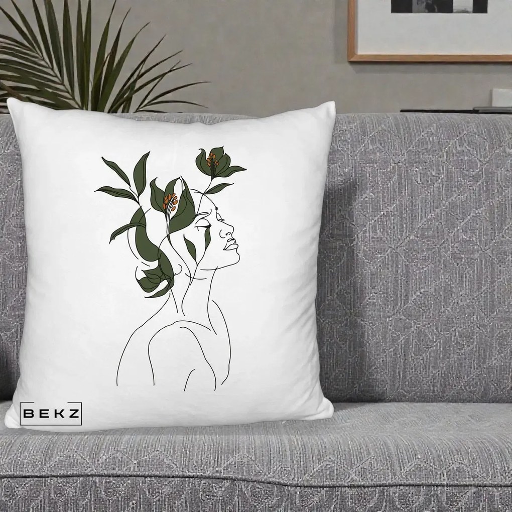 Perna Decorativa Portret Feminin Crin Verde, 40x40 cm, Alb Pufos, Husa Detasabila, Perna Inclusa, BEKZ®
