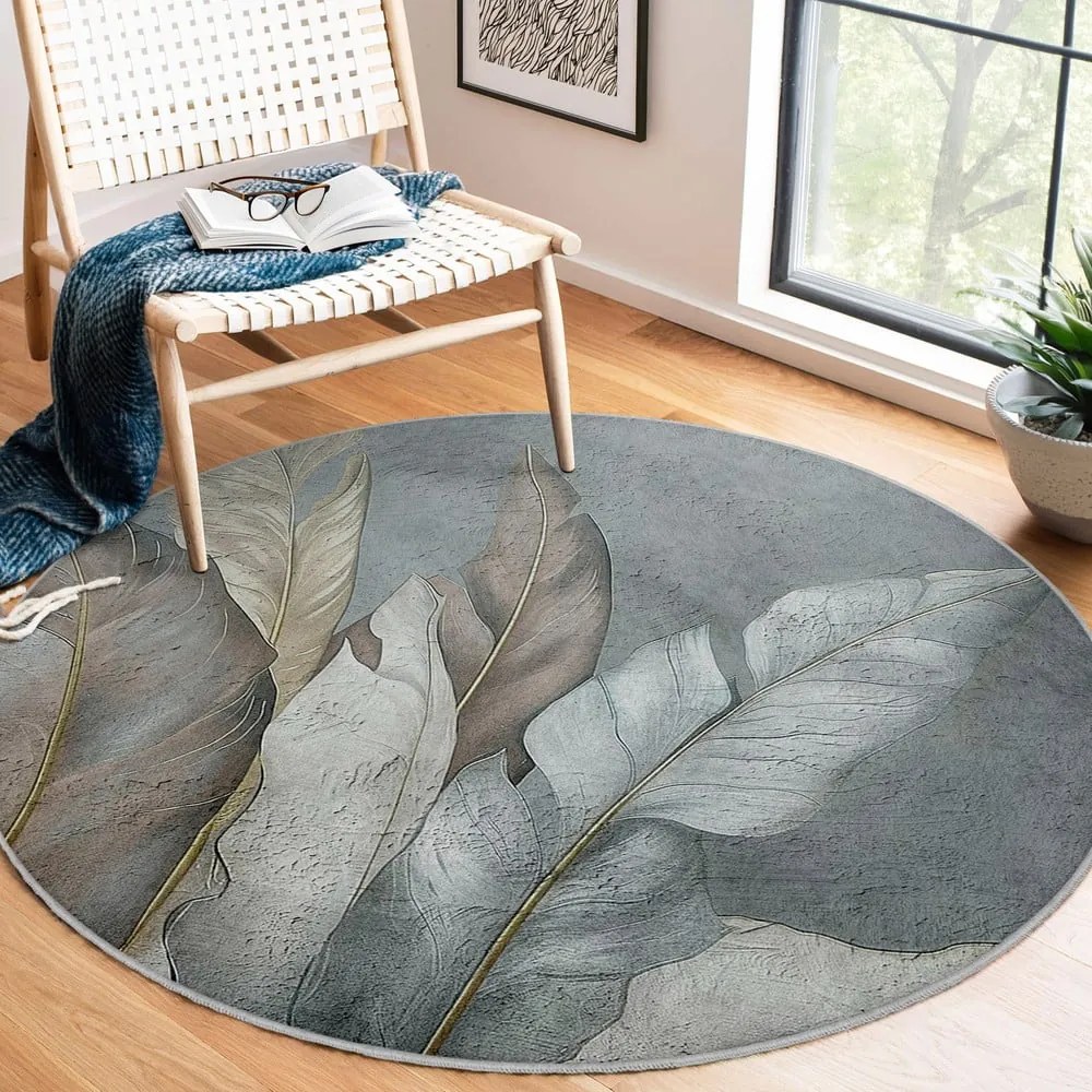Covor verde/gri lavabil rotund ø 150 cm Dusty Leaves – Mila Home