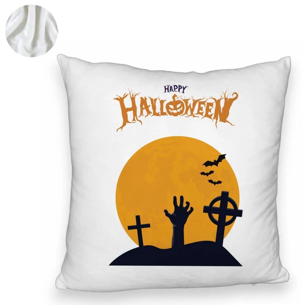 Perna Decorativa Fluffy cu motiv de Halloween 2, 40x40 cm, Alba, Husa Detasabila, Burduf