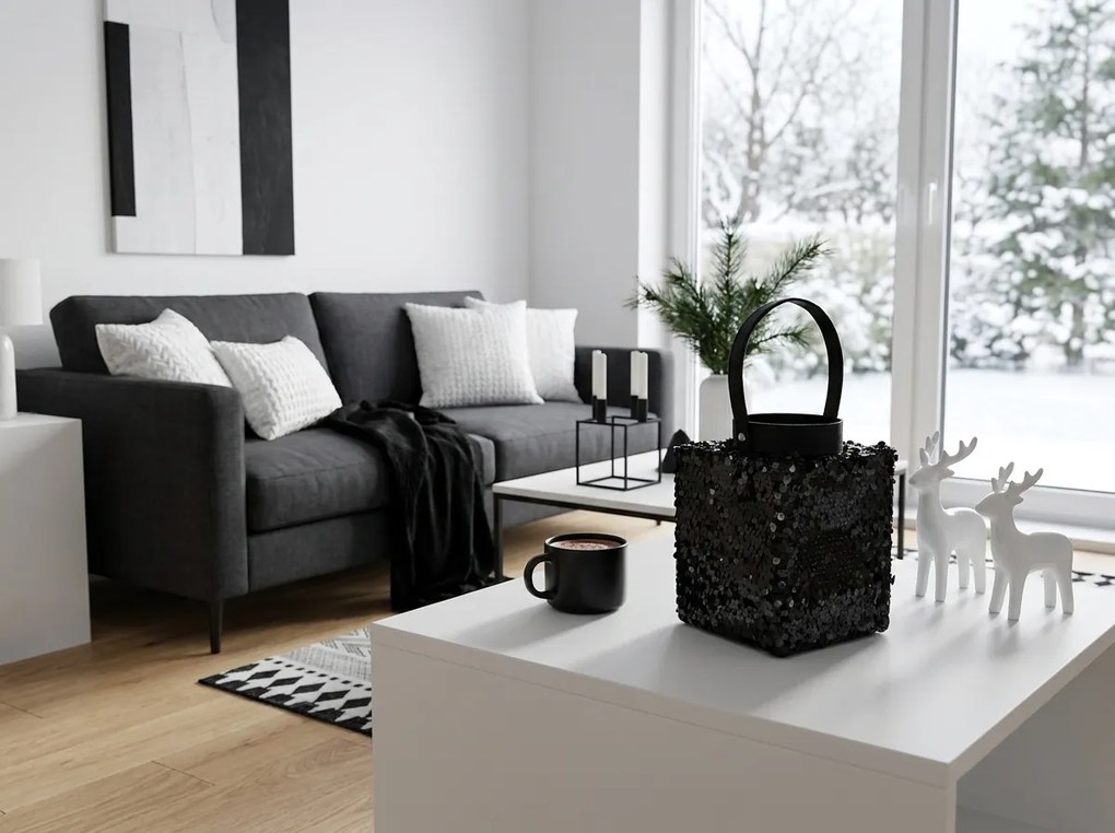 Laterna cu sclipici LOFTY GLAM 20 cm, neagra