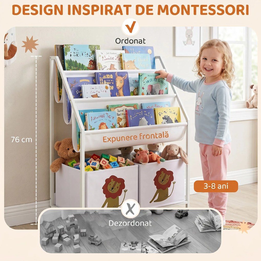 AIYAPLAY Bibliotecă Montessori pentru Copii 3-8 Ani cu 4 Rafturi și 2 Cutii cu Imprimeu Leu, Alb | Aosom Romania
