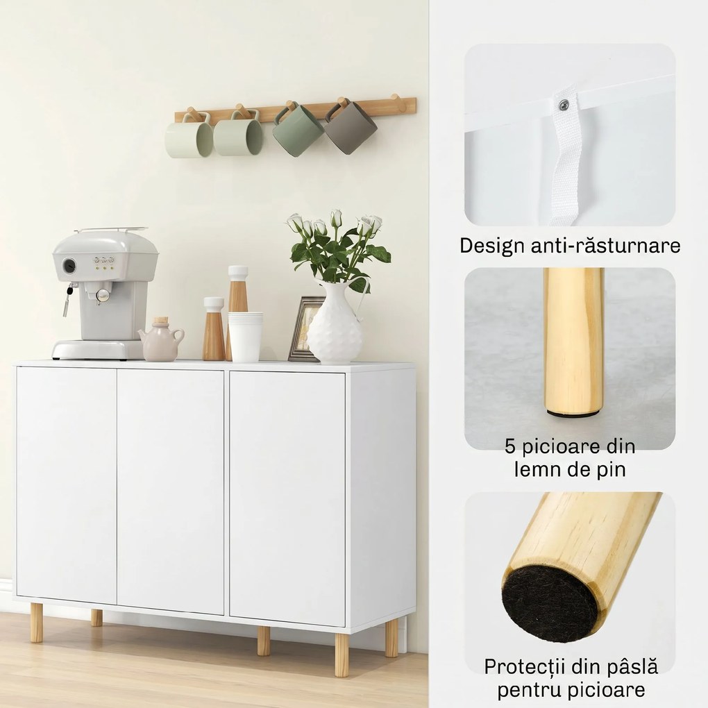 HOMCOM Bufet Modern cu 2 Dulapuri și 3 Rafturi, Mobilier Multifuncțional din Lemn, 107x40x80 cm, Alb | Aosom Romania