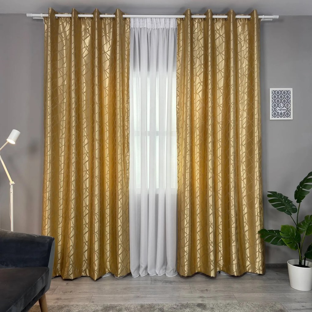 Set două Draperii (Opacitate 80%), din Satin tip Damasc (Model royal), Gata lucrate (Inele galerie), Culoare Galben auriu (Efect semi-lucios), Dimensiuni draperie 160x260 cm (x2), Brand Originalio