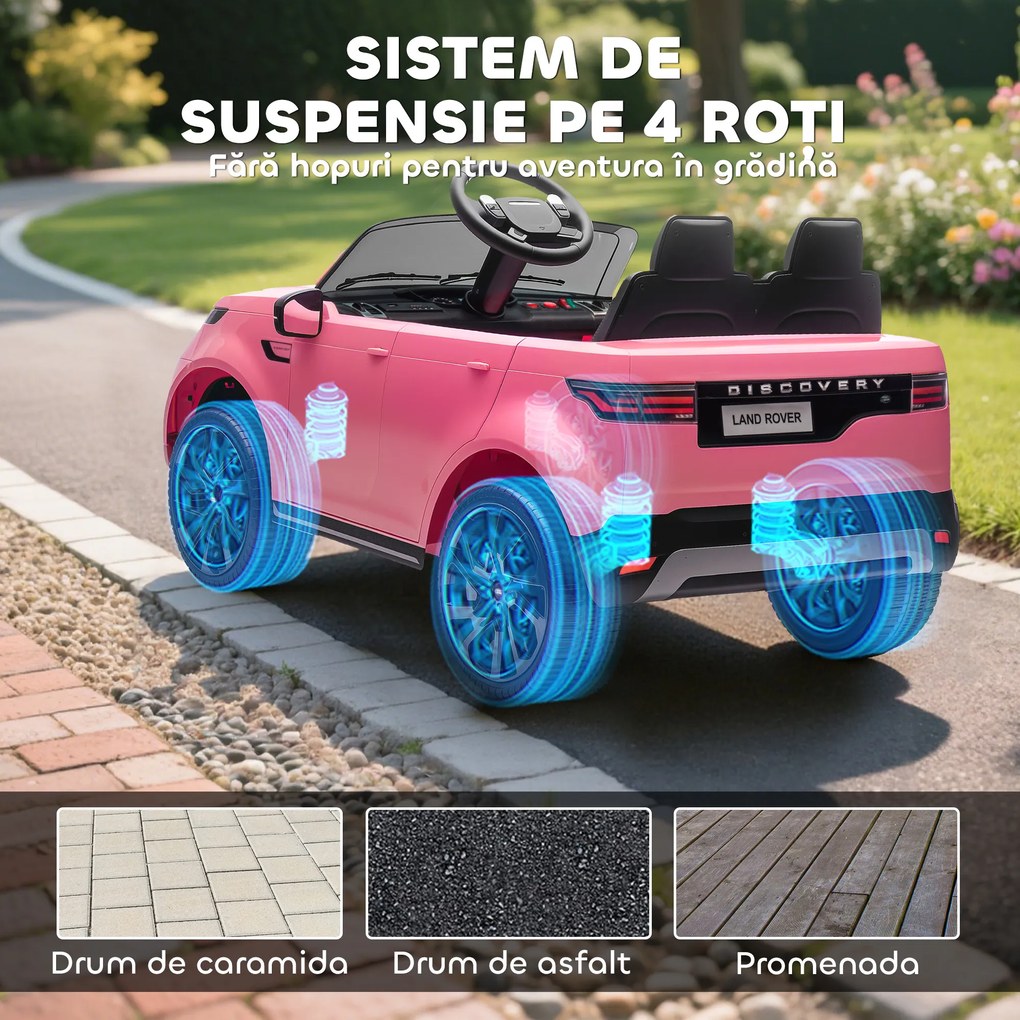 HOMCOM Mașină Electrică pentru Copii 3-6 Ani cu Licență Land Rover Discovery 12V, 2.5-4.5 km/h Auto Electrică pentru Copii cu 2 Motoare, Suspensii, Telecomandă, USB, Muzică, Faruri și Claxon, Roz | Aosom Romania