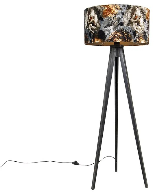 Lampă de podea cu trepied negru cu abajur floral 50 cm - Tripod Classic