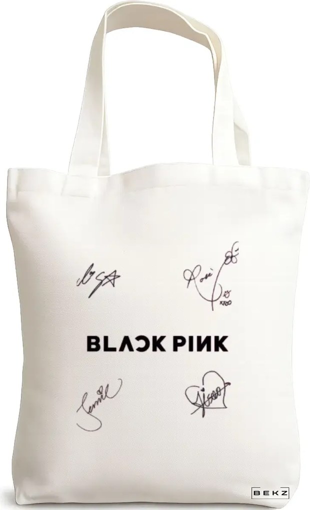 Sacosa de Panza pentru Cumparaturi, Geanta Tote, model Blackpink 8 cu semnaturii, 38x34.5 cm, Alba, BEKZ®