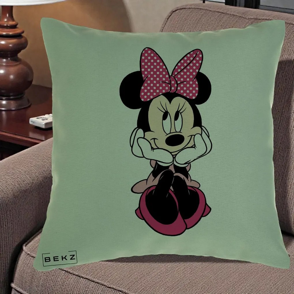 Perna Personalizata Minnie Mouse cu Fundita, 40x40 cm, Verde, Husa Detasabila, Perna Inclusa, BEKZ®