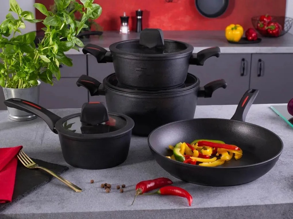 Set oale si tigai cu capace, marmorate, 10 piese Royalty Line RL-T10 negru, antiaderente