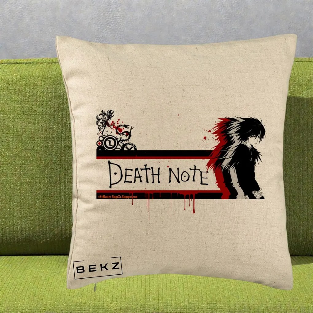 Perna Personalizata Death Note L Lawliet Rosu-Negru, 40x40 cm, Bej, Husa Detasabila, Perna Inclusa, BEKZ®