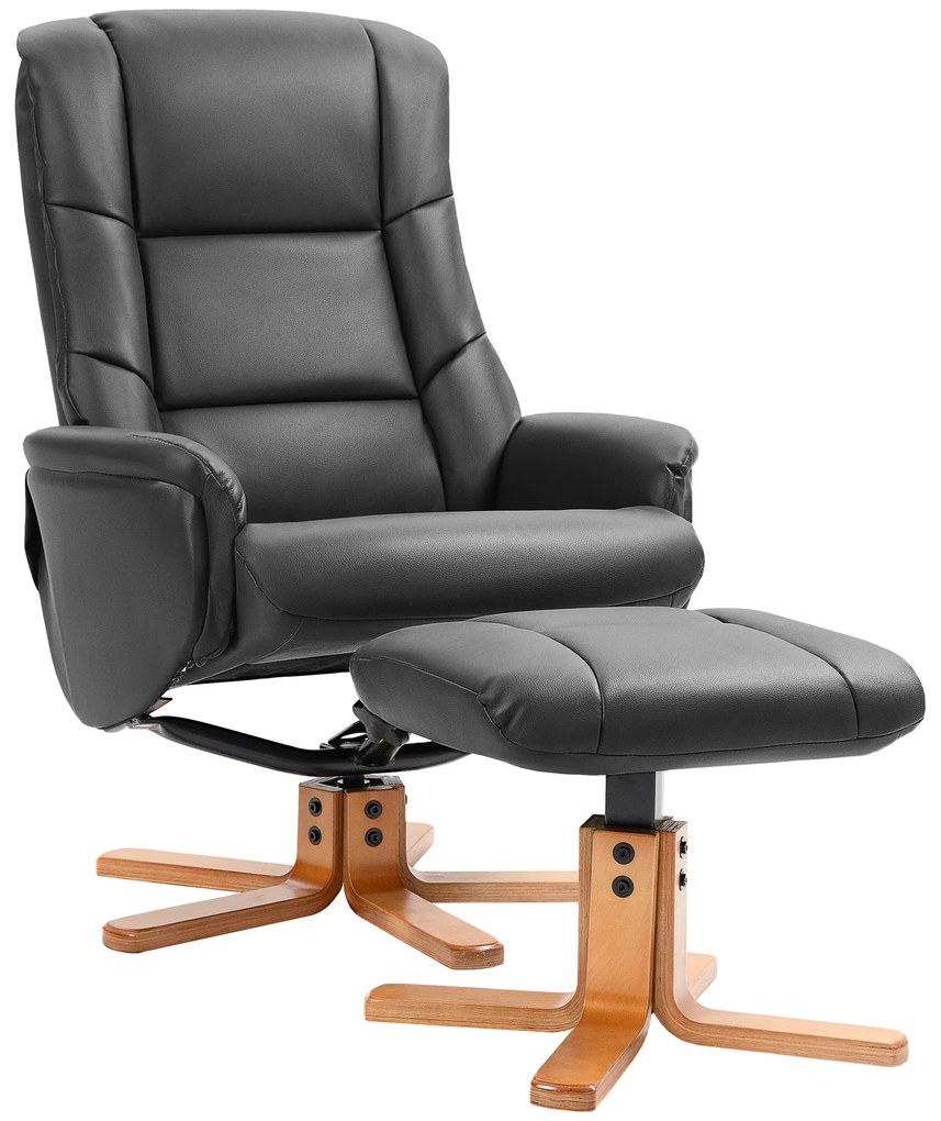 HOMCOM Relaxsessel cu Hocker, Funcție de culcare, Piele ecologică, până la 150 kg, 71 x 84 x 102 cm, Negru | Aosom Romania