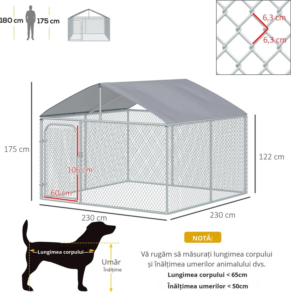 PawHut Țarc Exterior pentru Câini cu Acoperiș Impermeabil, Spațios, 230x230x175 cm, Argintiu | Aosom Romania