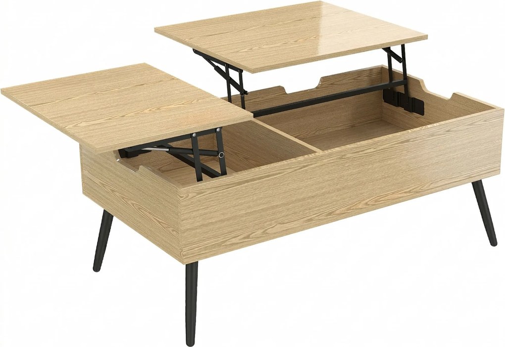 HOMCOM Masă de cafea rabatabilă cu dublu blat, masă de living cu compartiment ascuns și picioare din metal, lemn natural | Aosom Romania