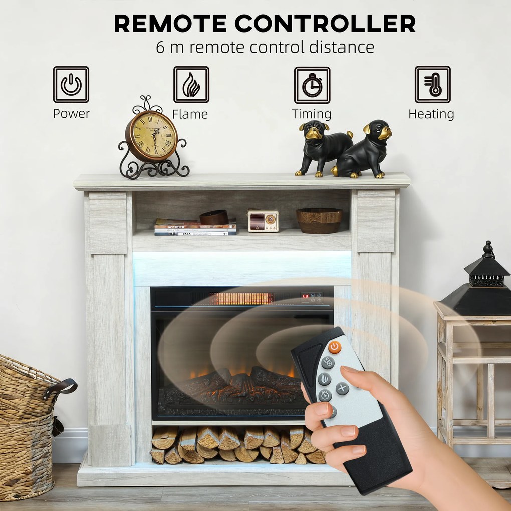 HOMCOM Șemineu Electric 1800W Reglabil cu Flacără 3D, Raft, Timer și Telecomandă, 105x27x97 cm, culoare Lemn | Aosom Romania