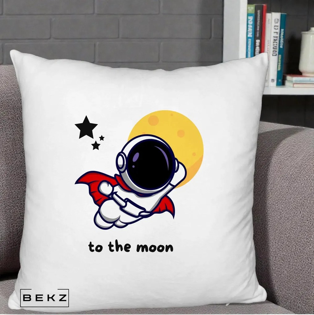 Perna Decorativa Astronaut To The Moon, 40x40 cm, Alb Pufos, Husa Detasabila, Perna Inclusa, BEKZ®