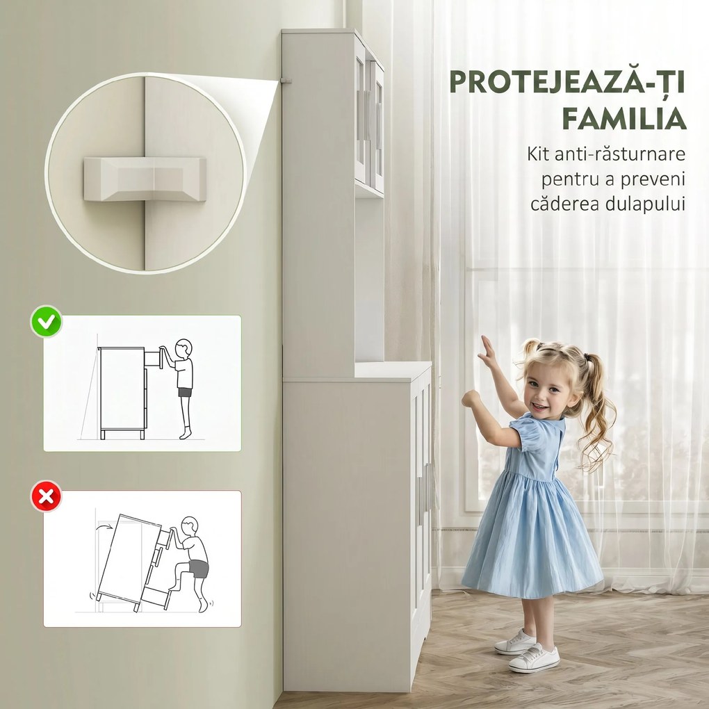 HOMCOM Dulap Bucătărie de 180cm, Dulap Înalt cu 4 Compartimente, Uși din Sticlă Securizată, 2 Rafturi Deschise, Rafturi Reglabile, Blat pentru Electrocasnice, pentru Bucătărie sau Living, Alb | Aosom Romania