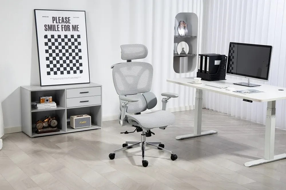 RESIGILAT- METACHAIR DORO Scaun ergonomic, cotiere 6D, suport lombar dinamic, spătar reglabil înălțime, tetieră 2D, mecanism multifunctional inclinare/blocare, pivotant, Mesh, Gri