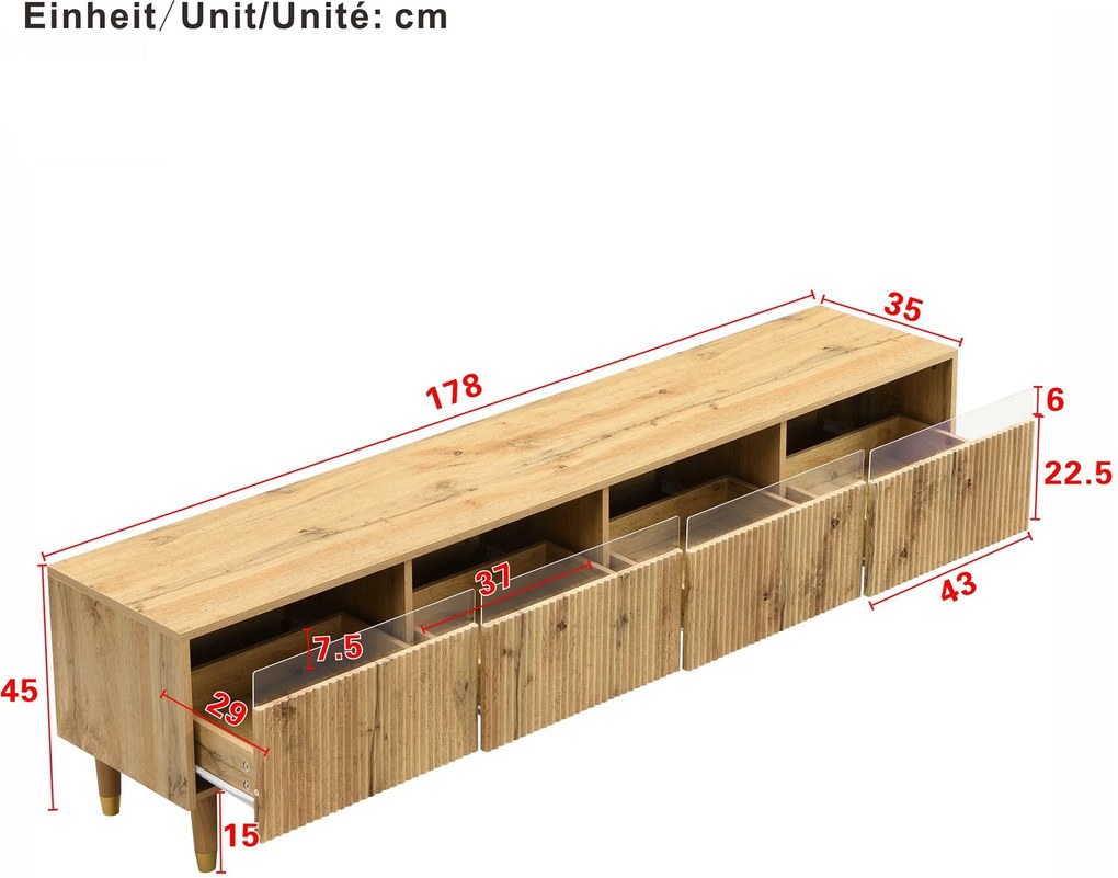 Comodă TV cu 4 sertare, din MDF și acril, 178x35x45 cm, Culoare naturală
