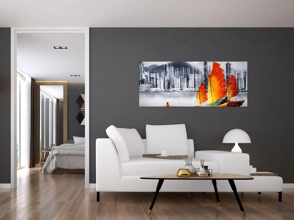Tablou - Victoria Harbour, Hong Kong, pictură în ulei alb- negru (120x50 cm)