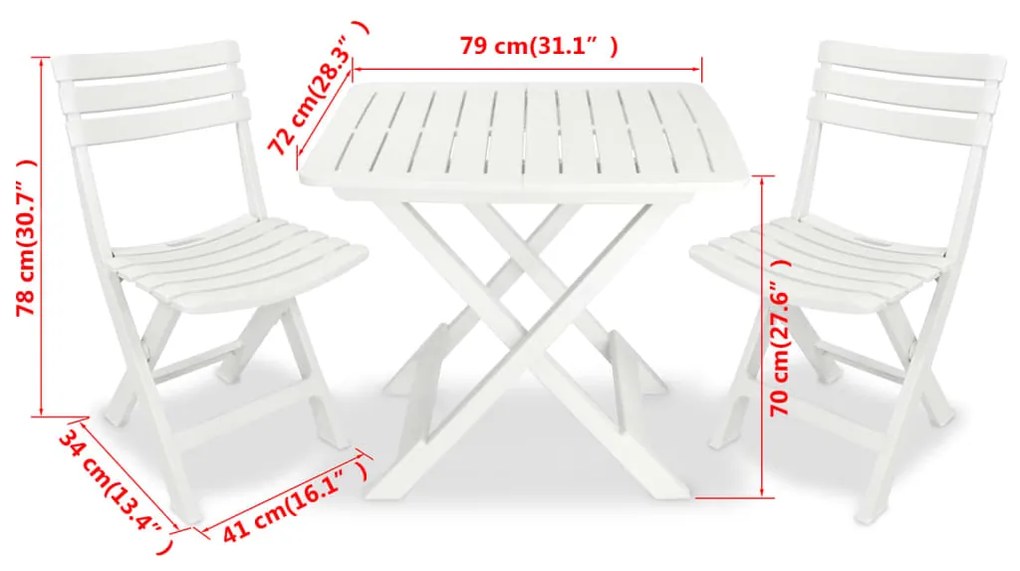 Set mobilier bistro pliabil, 3 piese, alb, plastic Alb, 3