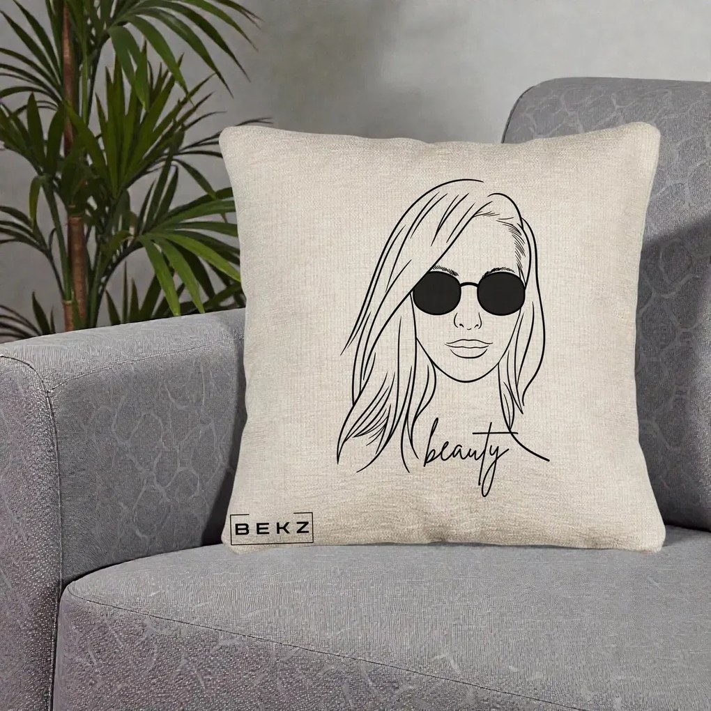 Perna Decorativa Beauty Girl Line Art, 40x40 cm, Bej Canapea, Husa Detasabila, Perna Inclusa, BEKZ®