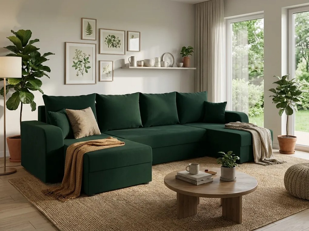 Coltar extensibil in forma de U VALERIO 305x140 cm, verde inchis
