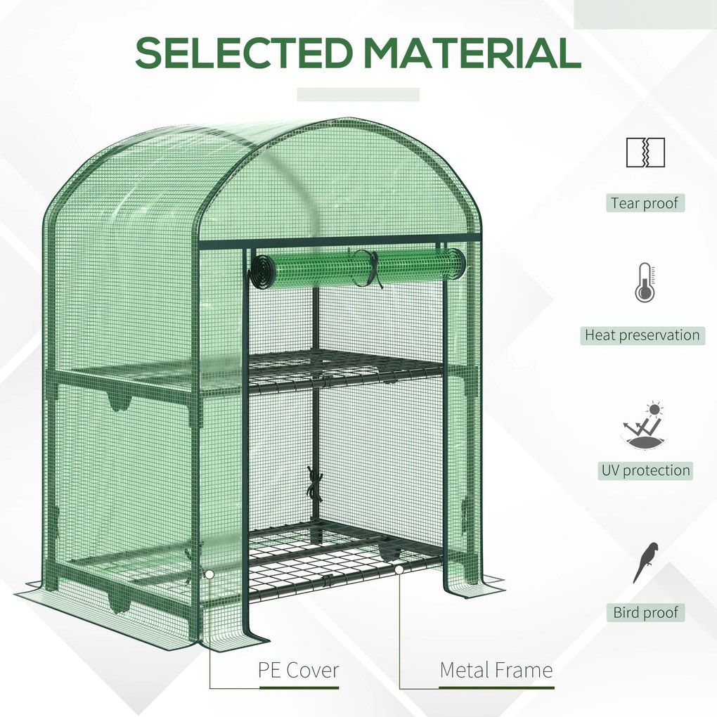 Outsunny Mini Seră de Grădină cu 2 Rafturi Metalice și Acoperiș PE, Seră Compactă pentru Balcon și Terasă, 69x49x91 cm, Verde | Aosom Romania