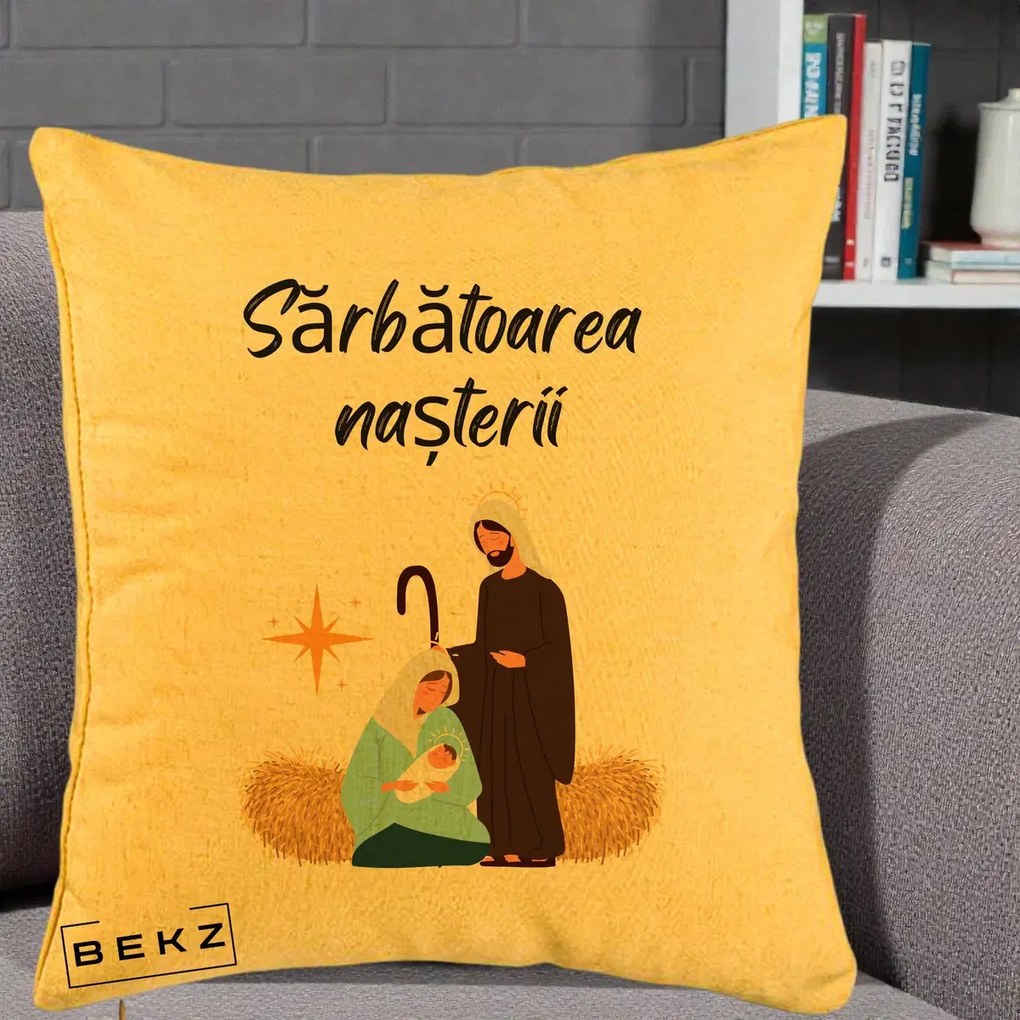 Perna Decorativa Nasterea Domnului Sfanta Familie Sarbatoarea Nasterii, 40x40 cm, Galben, Husa Detasabila, Perna Inclusa, BEKZ®
