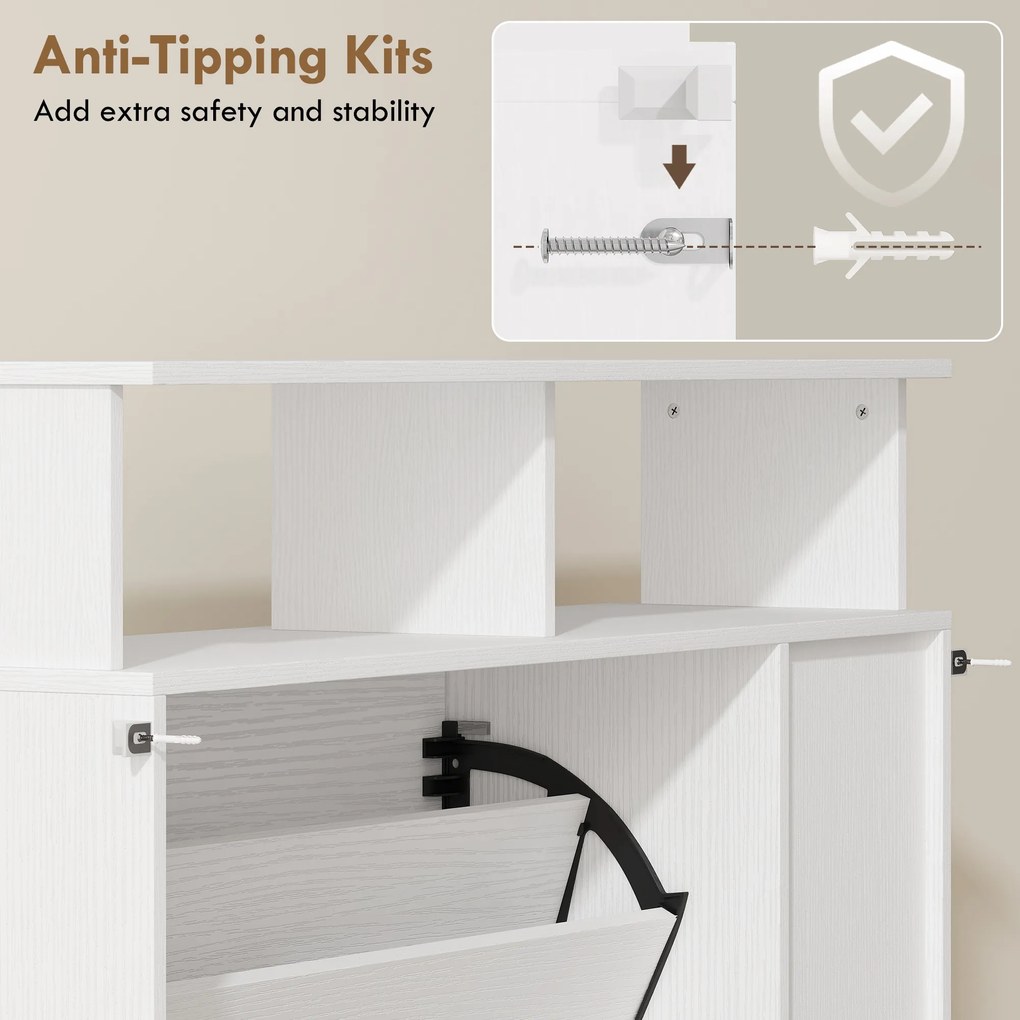 HOMCOM Dulap pentru pantofi, dulap de pantofi, 2 sertare rabatabile, compartimente deschise și raft reglabil, alb | Aosom Romania