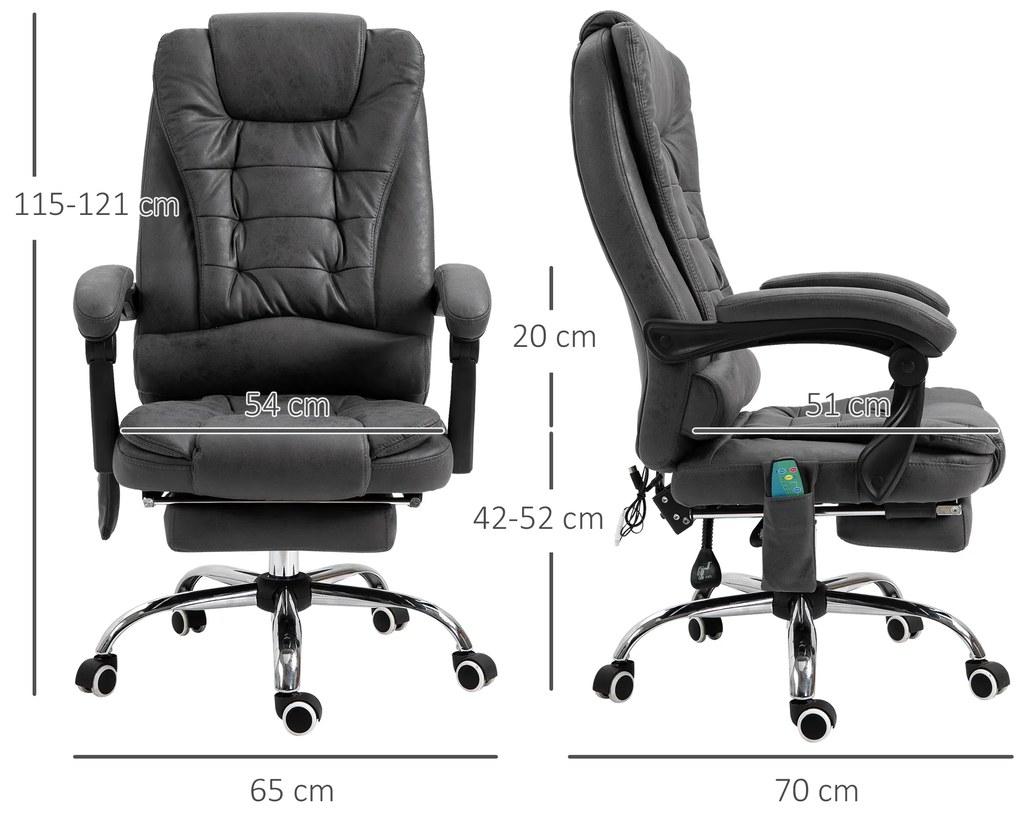 Fotoliu de Birou Vinsetto cu Masaj și Funcție Rabatabilă, 6 Puncte de Masaj și Încălzire, Scaun Reglabil pe Înălțime, Gri | Aosom România