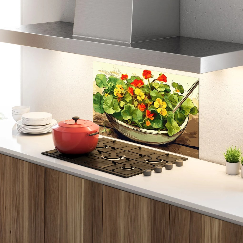 Panou Sticla Bucatarie, 80x120cm, Protectie aragaz, Antistropi, Termorezistent, Alimente, Legume, Flower Food