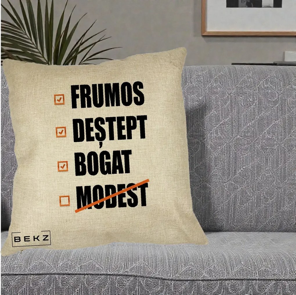 Perna Decorativa Frumos Destept Bogat, 40x40 cm, Crem, Husa Detasabila, Perna Inclusa, BEKZ®