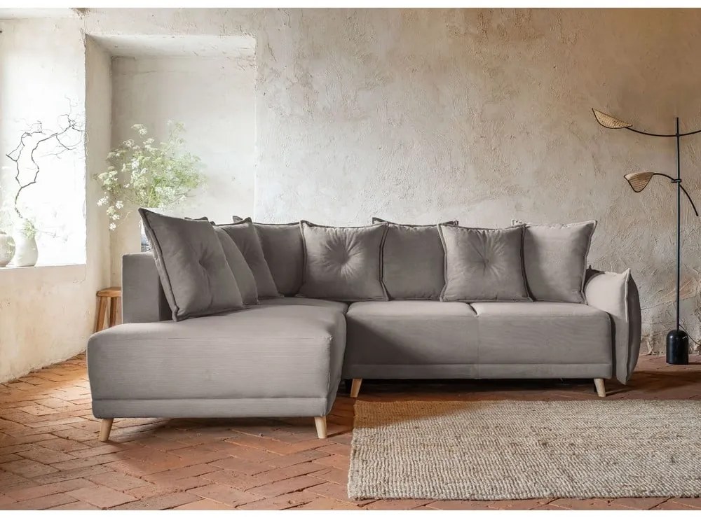 Colțar maro deschis extensibil cu tapițerie din catifea reiată (colț stânga) Lazy Lukka – Miuform