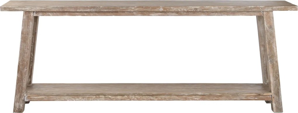 Consolă hol în stil etnic, din lemn de tec reciclat, natur, cu raft jos și picioare înclinate, finisaj patinat, 90 x 240 x 46 cm, „Granville”