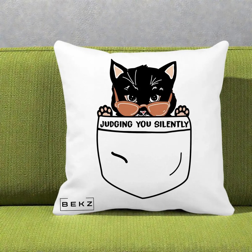 Perna Decorativa Judging You Silently Pisica Buzunar, 40x40 cm, Alba Mata, Husa Detasabila, Perna Inclusa, BEKZ®