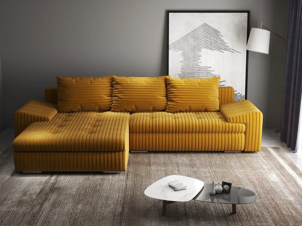 Colțar extensibil dumonde cu ladă de depozitare si sezut confortabil din spuma high-density, Leonardo Ambience Mustar 260x185 cm