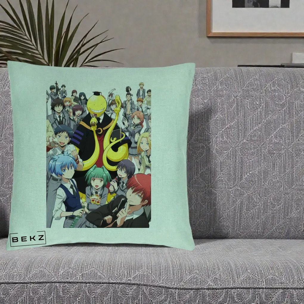 Perna Personalizata Assassination Classroom Grup Complet Anime, 40x40 cm, Verde Menta, Husa Detasabila, Perna Inclusa, BEKZ®