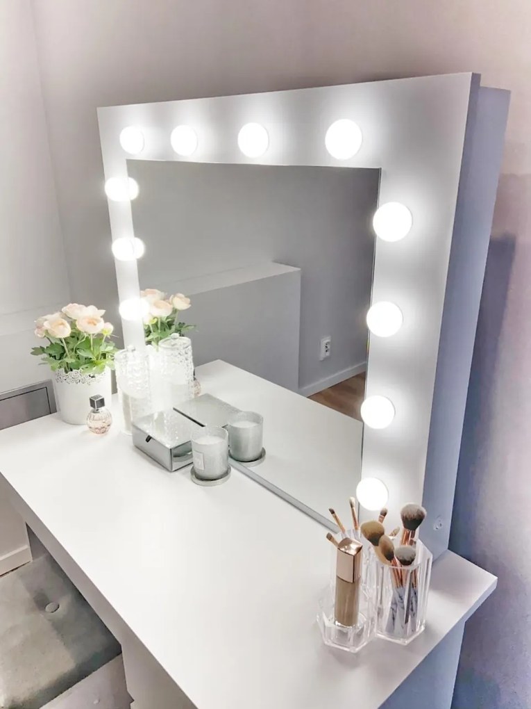 Masuta machiaj cu Oglinda LED si 7 Sertare pentru Cosmetice, Set Masa toaleta 120 cm, Alb, masuta cosmetica, vanity - SEA516