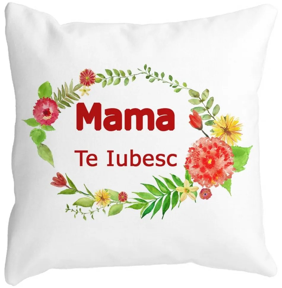 Perna Decorativa Patrata Mama Te Iubesc, 40x40 cm, Alba, Mata, Husa Detasabila, Burduf