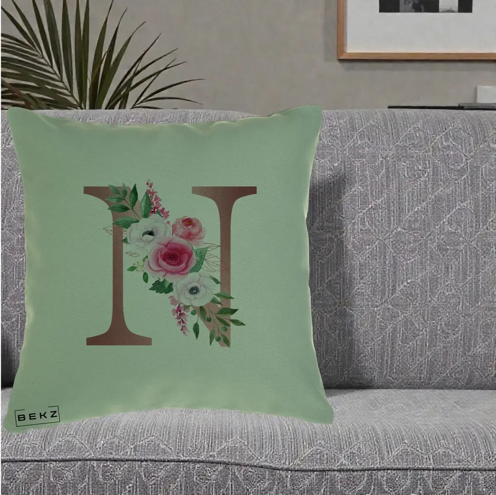Cadou Personalizat - Perna Personalizata Monograma Rose Gold Litera N, 40x40 cm, Verde, Husa Detasabila, Perna Inclusa, BEKZ®