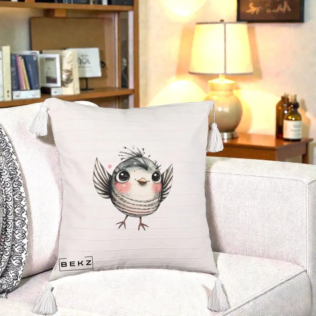 Perna Decorativa Pasare Gri cu Aripi si Inimioare, 40x40 cm, Bej cu Franjuri, Husa Detasabila, Perna Inclusa, BEKZ®
