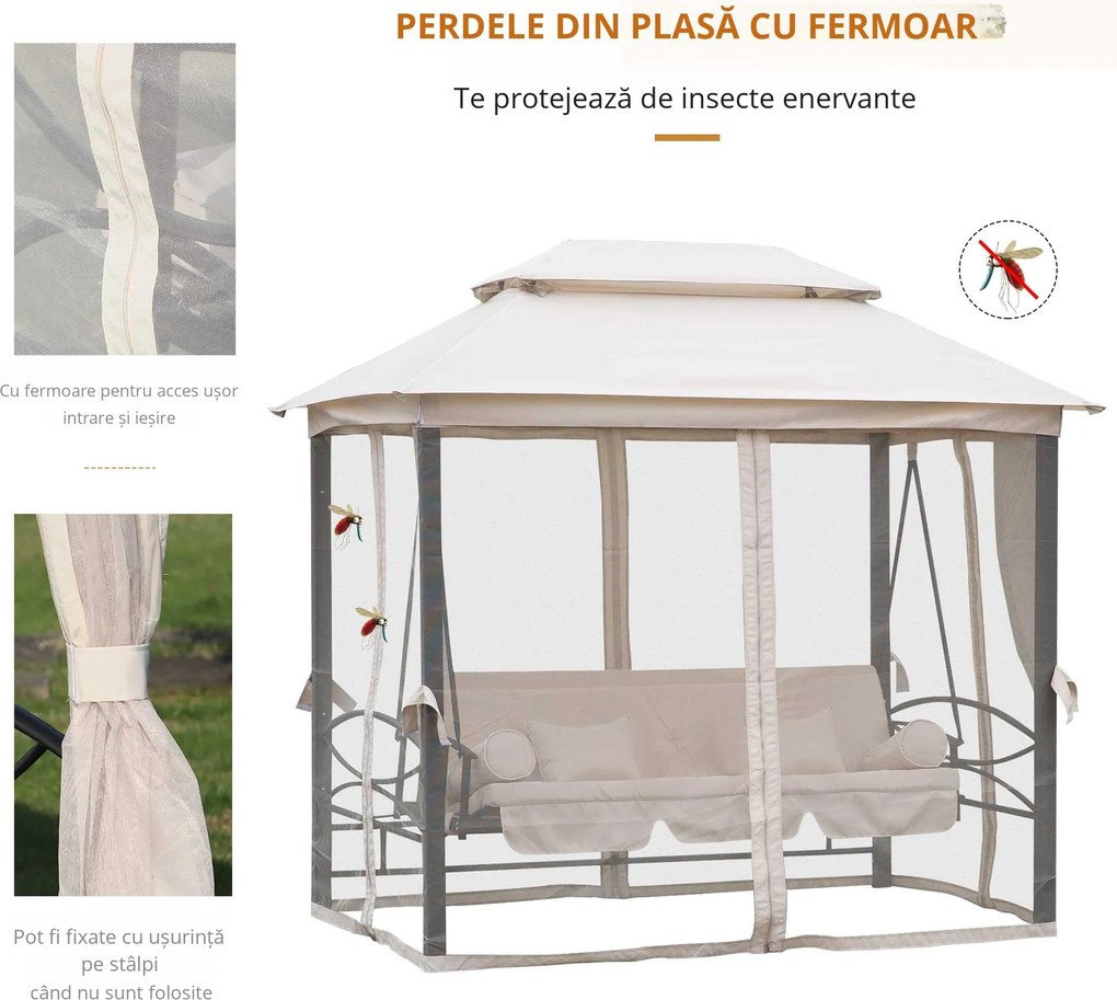 Foisor cu Canapea 3 Locuri și 5 perne, Plasa Tantari, cadru din otel, Bej 232x149x245cm Outsunny | Aosom Romania