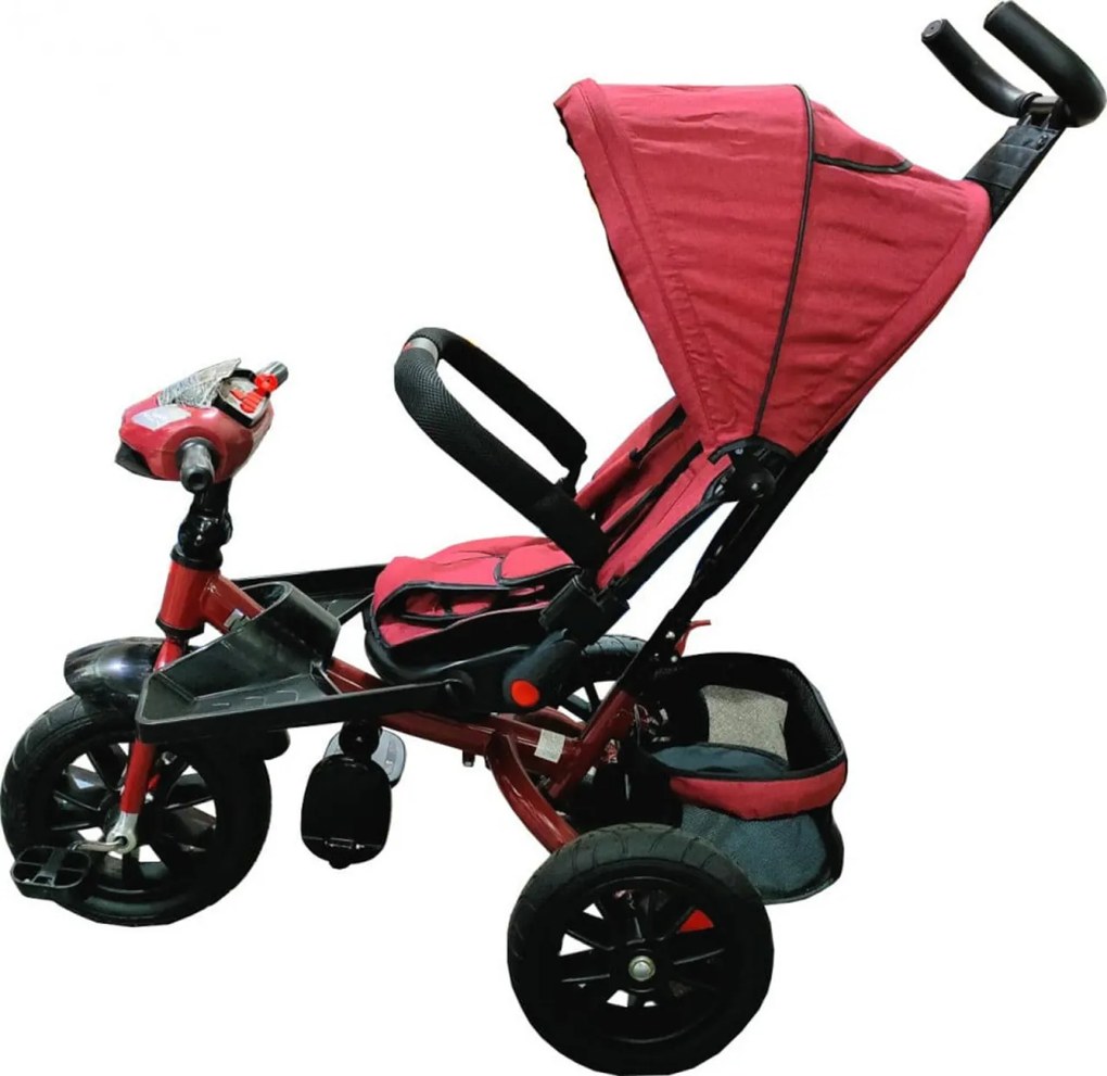 Tricicleta cu copertina NOVOKIDS Super Trike, Cu melodii si lumini, Roti din cauciuc, Pozitie somn, Scaun reversibil cu rotatie 360 grade, Rosu