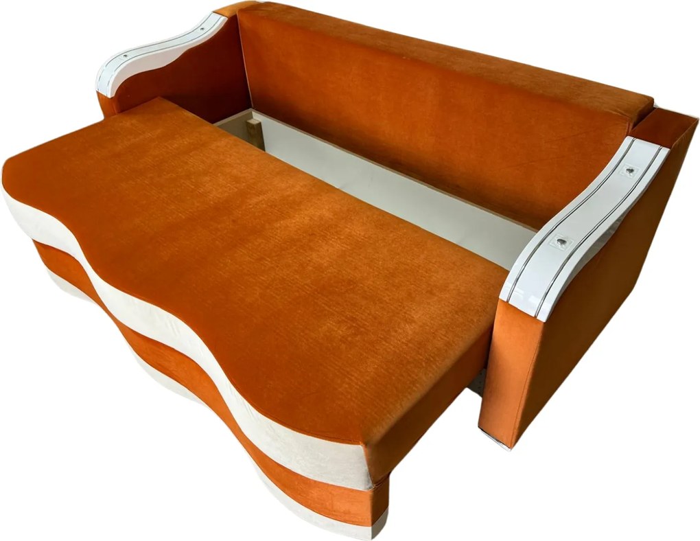 Canapea DIANA extensibila, 3 locuri, cu lada de depozitare, catifea crem cu portocaliu , 220x100x80 Portocaliu + Crem, Catifea