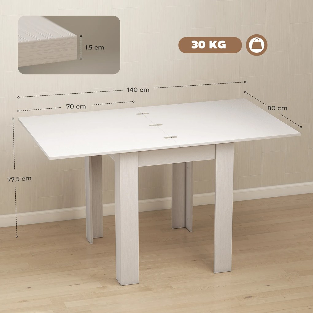HOMCOM Masă de Dining Extensibilă pentru 4-6 Persoane din PAL și Oțel, 140 x 80 x 77,5 cm, Alb cu Efect de Lemn | Aosom Romania